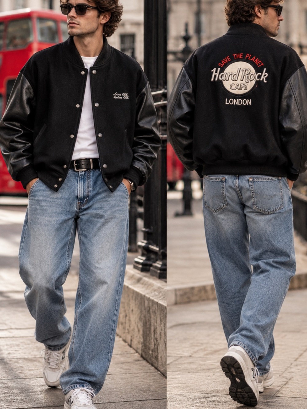 1990s Hard Rock Cafe London Black Leather & Wool Quilted Bomber Jacket Size M